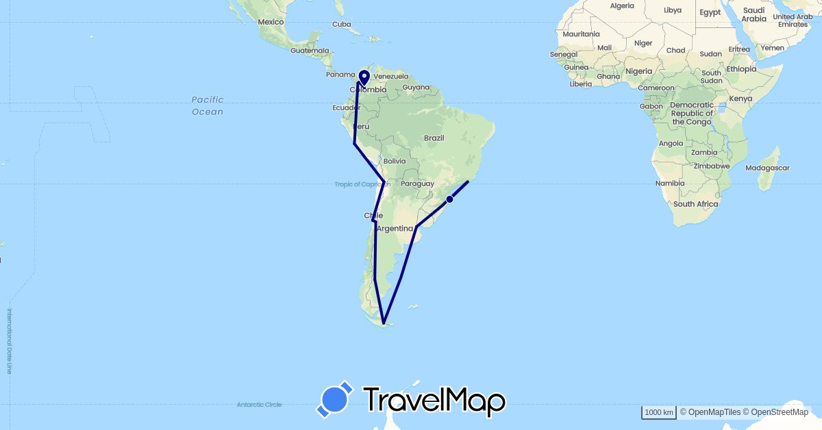 TravelMap itinerary: driving in Argentina, Brazil, Chile, Colombia, Peru (South America)